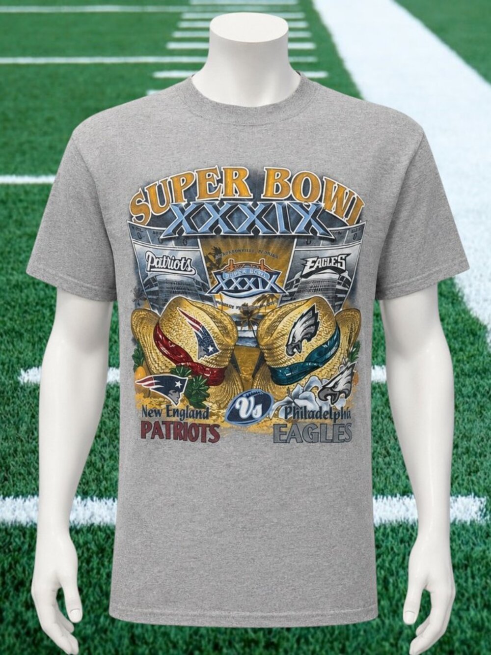 Vintage 2005 NFL Superbowl XXXIX Champions Patriots VS. Eagles Gray T-Shirt MD